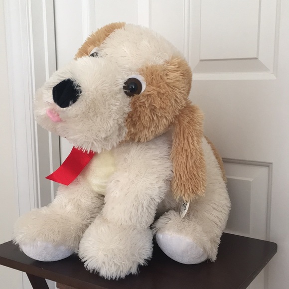 Large Puppy Stuffed Animal New White Tan Red Bow NWT - Picture 5 of 12